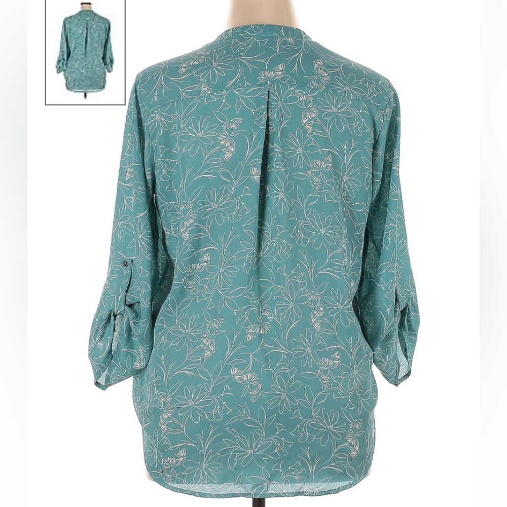 NWOT LUSH /STITCH FIX, Teal & Cream Floral Print Tab Sleeve Blouse, Sizes L & XL - Picture 2 of 5